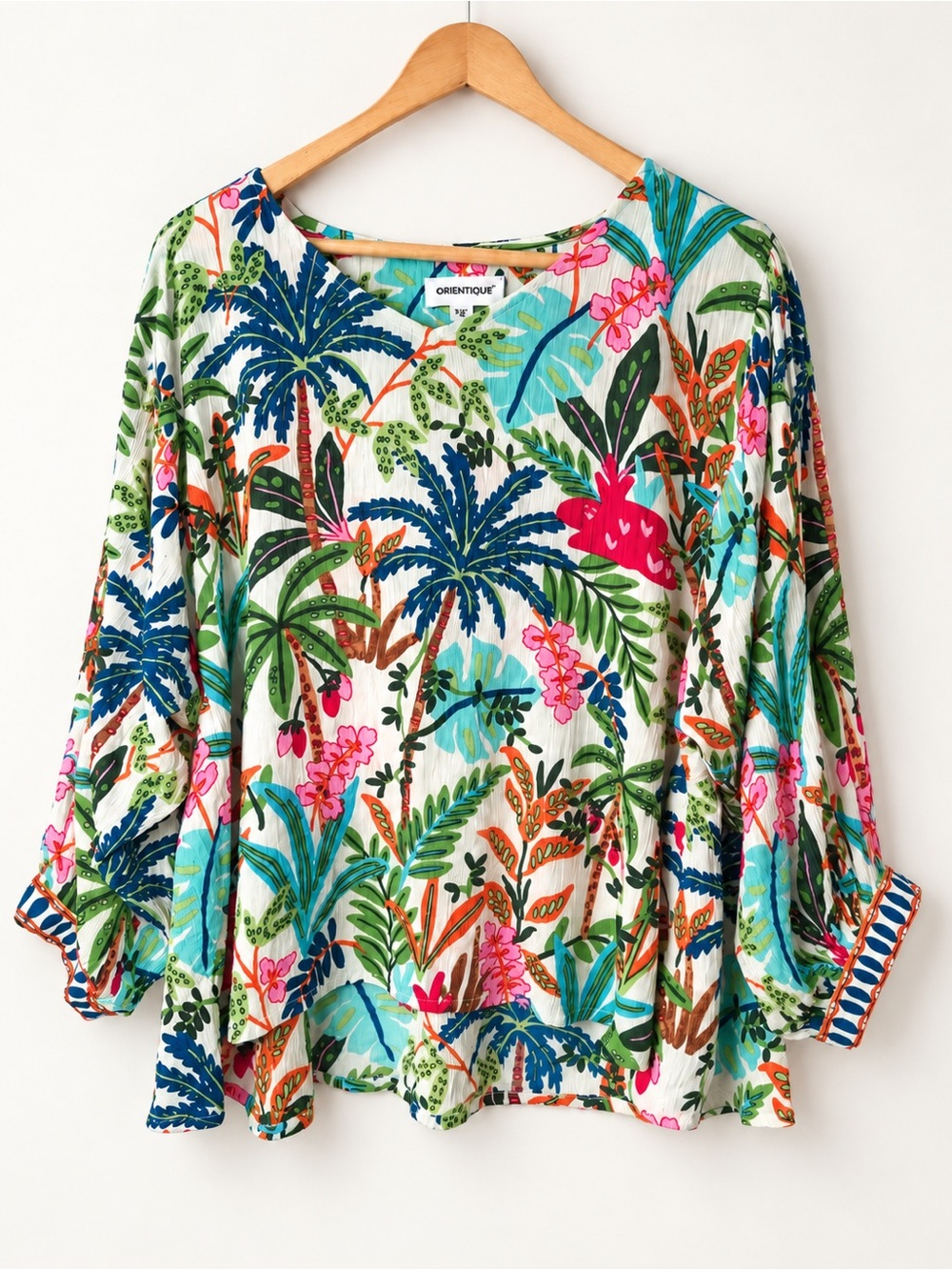 Orientique Tropical Jungle Print Crinkle Rayon Blouse Tunic XS
